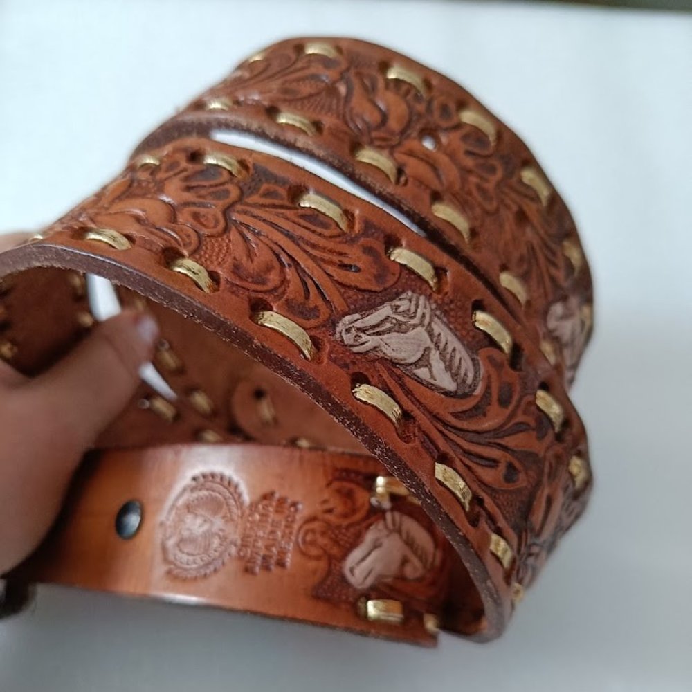 ❤️HP❤️🐎Vintage Brown Leather Belt Cintos Imperial Belt Mexican Horses Design